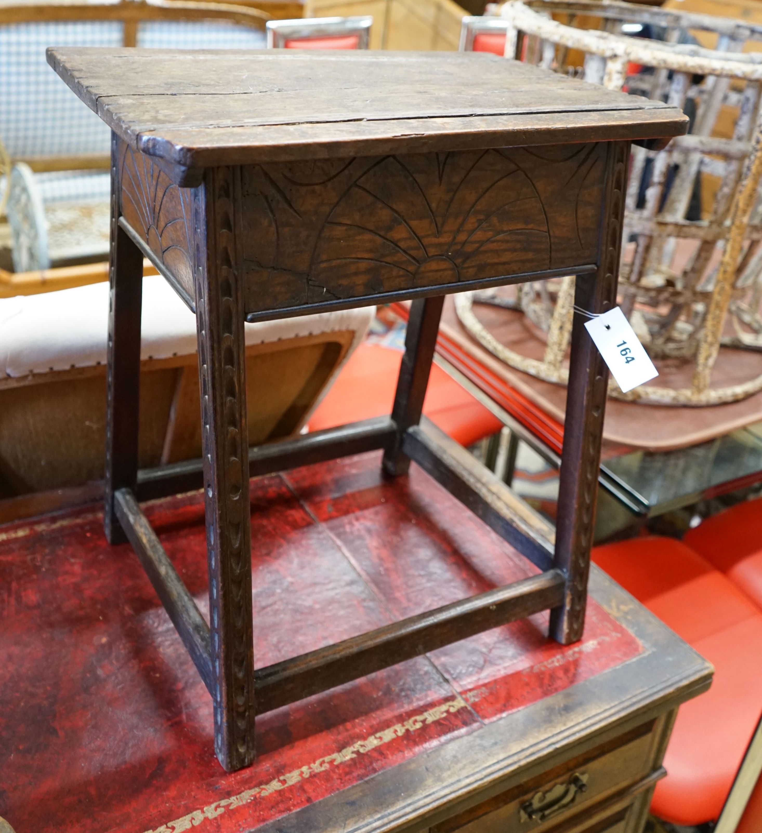 A 17th century style oak box seat stool, width 48cm depth 33cm height 55cm